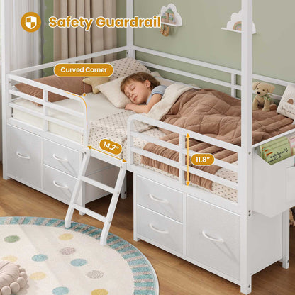 ADORNEVE Bed Frame Twin Size with 6 Drawers and Globe String Lights Plug in Metal Kids Bed with Safety Guardrail and Inclined Ladder