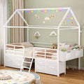 ADORNEVE Bed Frame Twin Size with 6 Drawers and Globe String Lights Plug in Metal Kids Bed with Safety Guardrail and Inclined Ladder