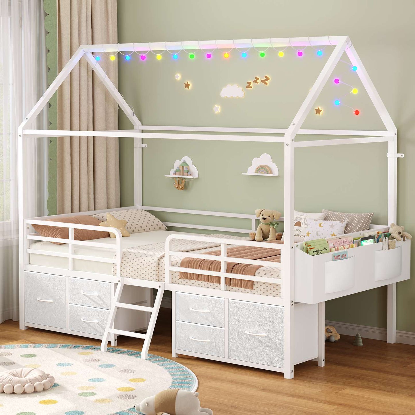 ADORNEVE Bed Frame Twin Size with 6 Drawers and Globe String Lights Plug in Metal Kids Bed with Safety Guardrail and Inclined Ladder