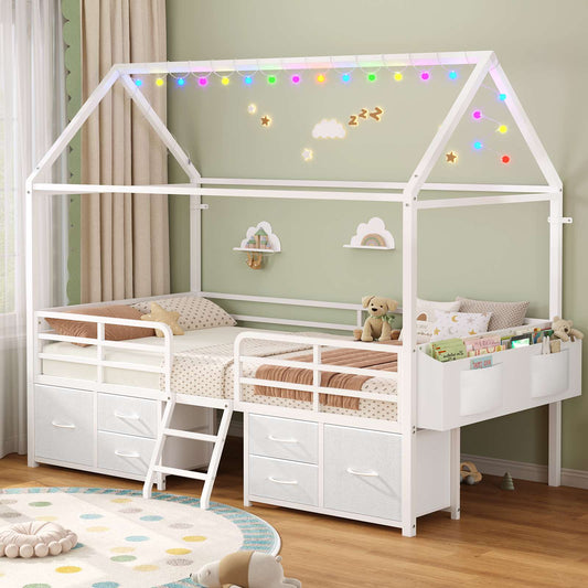 ADORNEVE Bed Frame Twin Size with 6 Drawers and Globe String Lights Plug in Metal Kids Bed with Safety Guardrail and Inclined Ladder