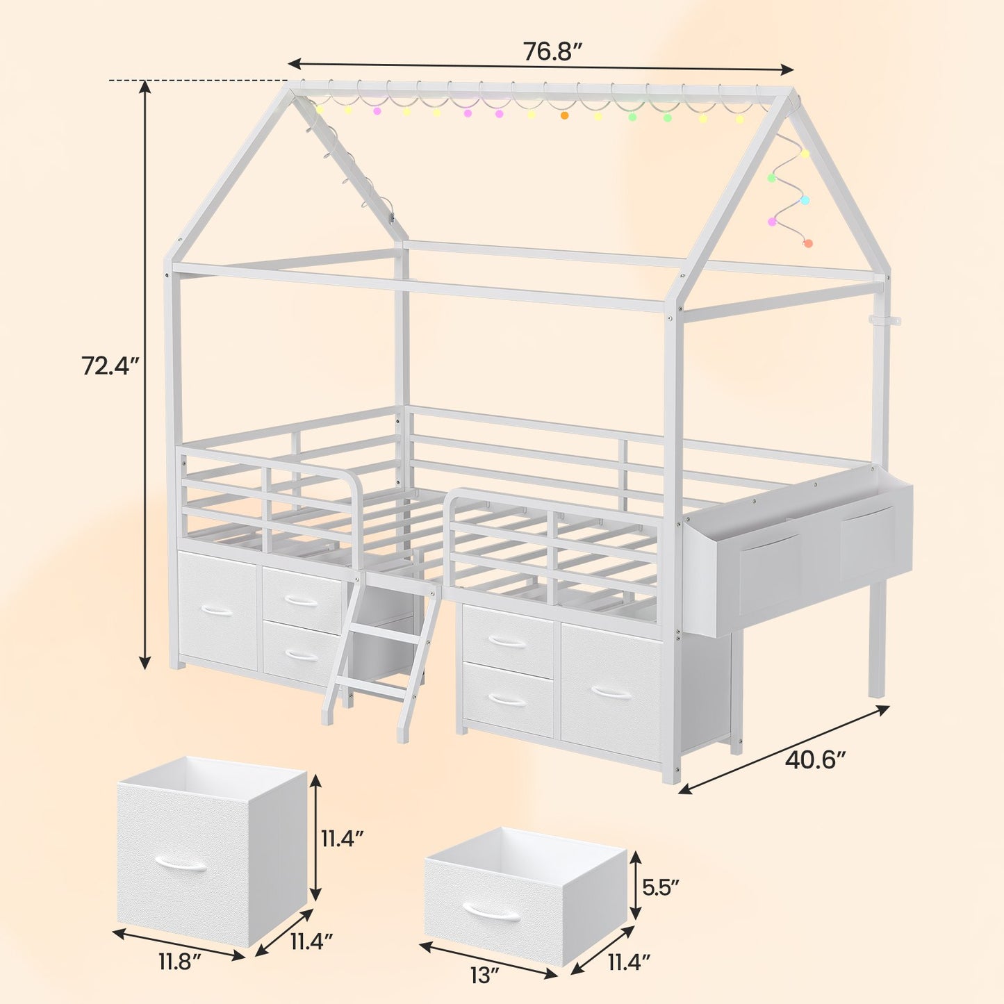 ADORNEVE Bed Frame Twin Size with 6 Drawers and Globe String Lights Plug in Metal Kids Bed with Safety Guardrail and Inclined Ladder