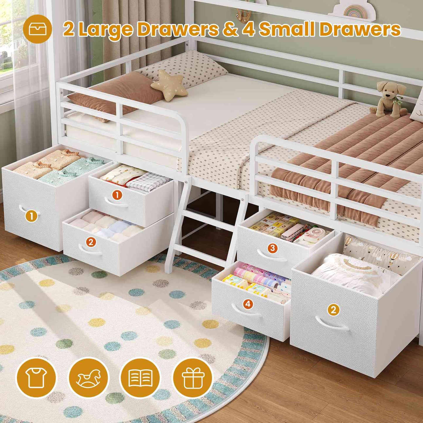 ADORNEVE Bed Frame Twin Size with 6 Drawers and Globe String Lights Plug in Metal Kids Bed with Safety Guardrail and Inclined Ladder