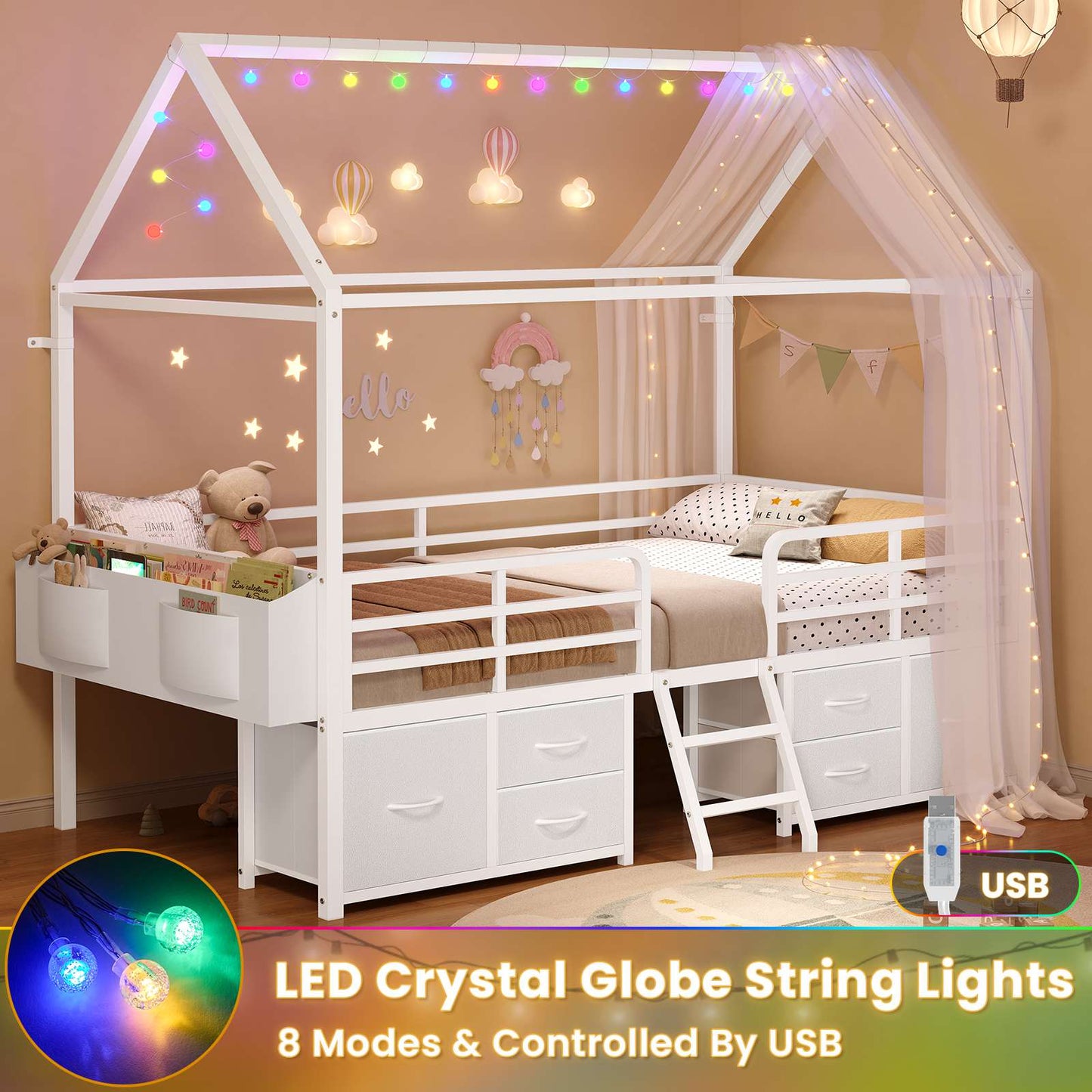 ADORNEVE Bed Frame Twin Size with 6 Drawers and Globe String Lights Plug in Metal Kids Bed with Safety Guardrail and Inclined Ladder