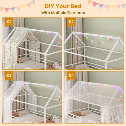 ADORNEVE Bed Frame Twin Size with 6 Drawers and Globe String Lights Plug in Metal Kids Bed with Safety Guardrail and Inclined Ladder