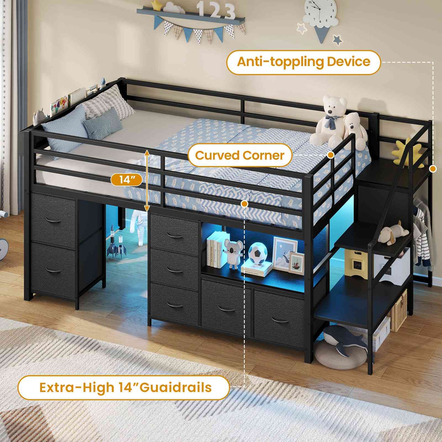 ADORNEVE Loft Bed Twin Size with Stairs and 7 Drawers Bookcase Kids Loft Bed with Under-Bed Play and Space Safety Guardrail Metal LED Loft Bed with Inclined Ladder