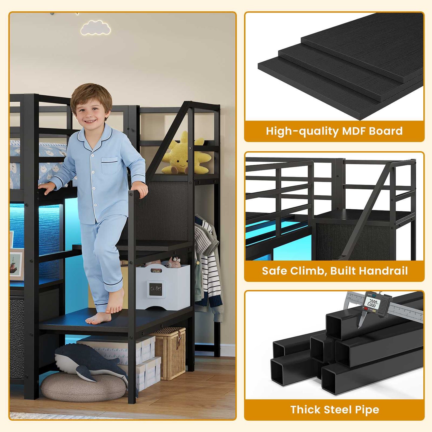 ADORNEVE Loft Bed Twin Size with Stairs and 7 Drawers Bookcase Kids Loft Bed with Under-Bed Play and Space Safety Guardrail Metal LED Loft Bed with Inclined Ladder