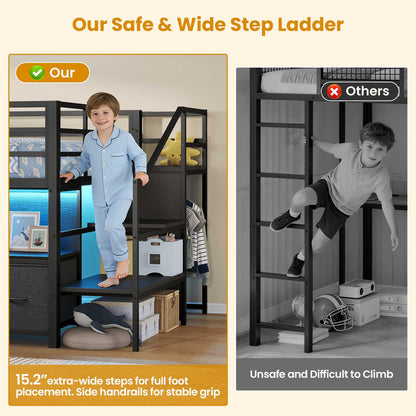 ADORNEVE Loft Bed Twin Size with Stairs and 7 Drawers Bookcase Kids Loft Bed with Under-Bed Play and Space Safety Guardrail Metal LED Loft Bed with Inclined Ladder