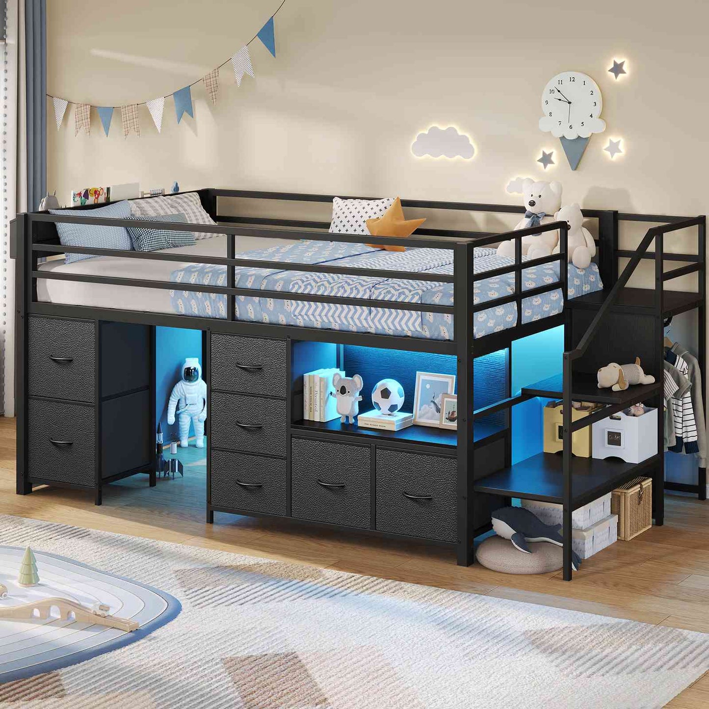 ADORNEVE Loft Bed Twin Size with Stairs and 7 Drawers Bookcase Kids Loft Bed with Under-Bed Play and Space Safety Guardrail Metal LED Loft Bed with Inclined Ladder