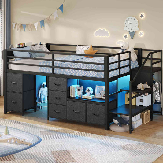 ADORNEVE Loft Bed Twin Size with Stairs and 7 Drawers Bookcase Kids Loft Bed with Under-Bed Play and Space Safety Guardrail Metal LED Loft Bed with Inclined Ladder