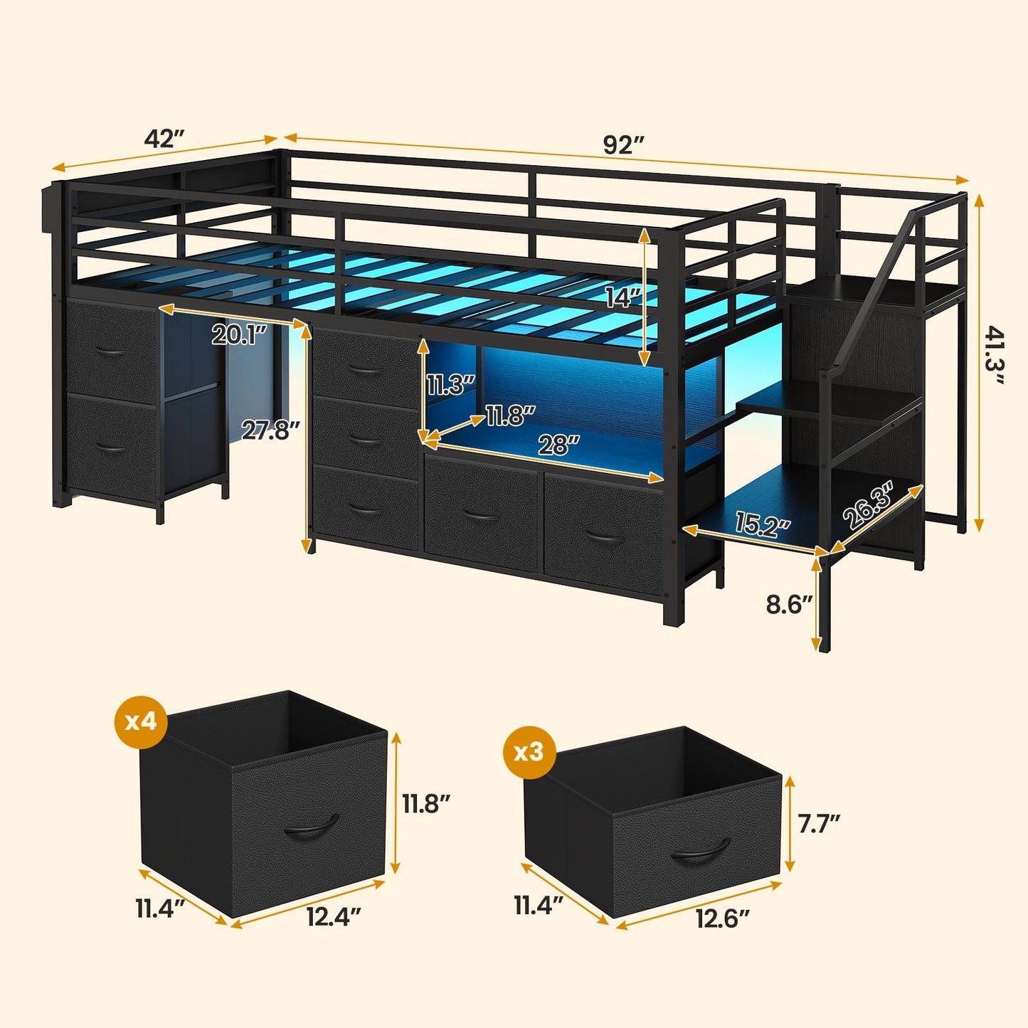 ADORNEVE Loft Bed Twin Size with Stairs and 7 Drawers Bookcase Kids Loft Bed with Under-Bed Play and Space Safety Guardrail Metal LED Loft Bed with Inclined Ladder