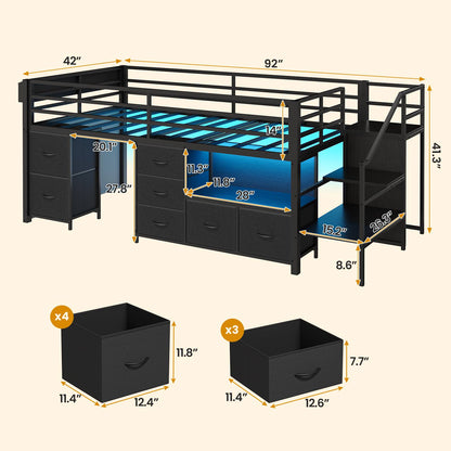 ADORNEVE Loft Bed Twin Size with Stairs and 7 Drawers Bookcase Kids Loft Bed with Under-Bed Play and Space Safety Guardrail Metal LED Loft Bed with Inclined Ladder