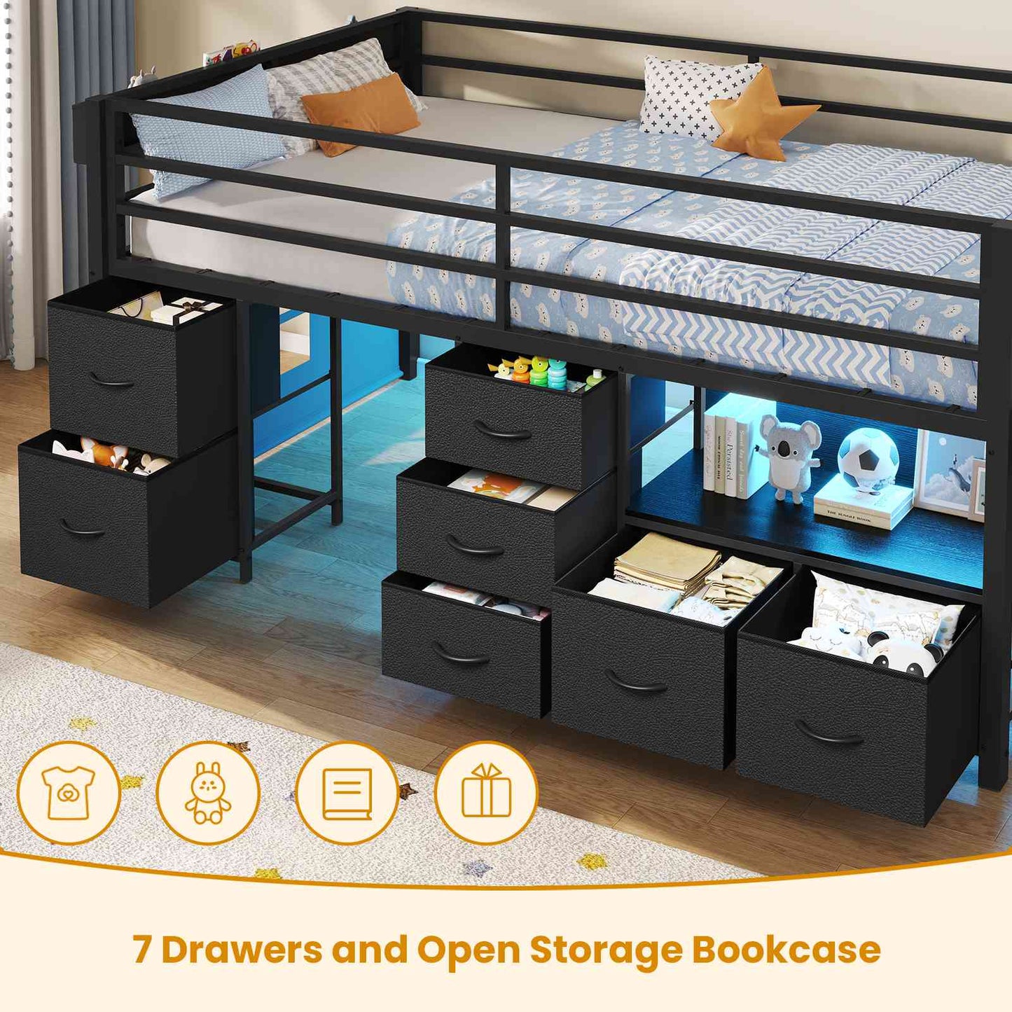 ADORNEVE Loft Bed Twin Size with Stairs and 7 Drawers Bookcase Kids Loft Bed with Under-Bed Play and Space Safety Guardrail Metal LED Loft Bed with Inclined Ladder