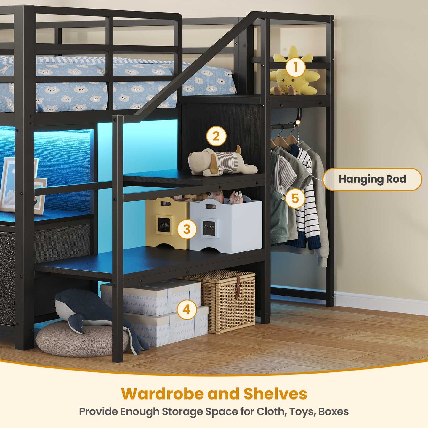 ADORNEVE Loft Bed Twin Size with Stairs and 7 Drawers Bookcase Kids Loft Bed with Under-Bed Play and Space Safety Guardrail Metal LED Loft Bed with Inclined Ladder