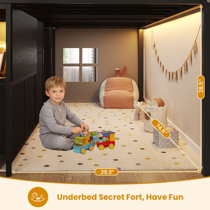ADORNEVE Loft Bed Twin Size with Stairs and 7 Drawers Bookcase Kids Loft Bed with Under-Bed Play and Space Safety Guardrail Metal LED Loft Bed with Inclined Ladder