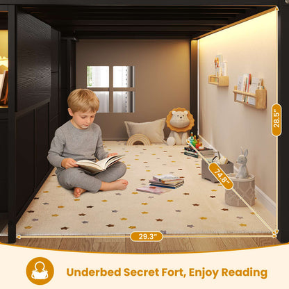 ADORNEVE Loft Bed Twin Size with Stairs and 7 Drawers Bookcase Kids Loft Bed with Under-Bed Play and Space Safety Guardrail Metal LED Loft Bed with Inclined Ladder