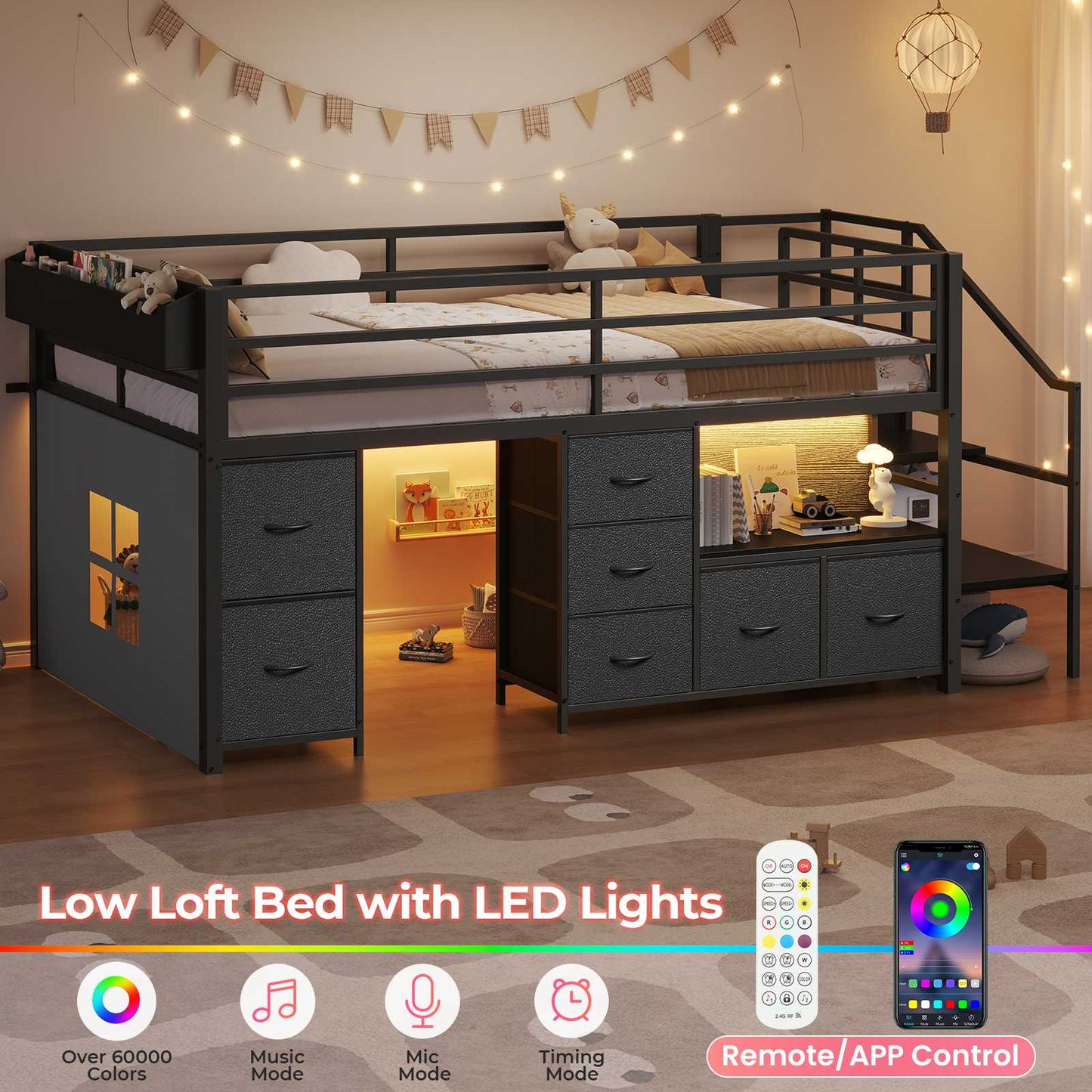 ADORNEVE Loft Bed Twin Size with Stairs and 7 Drawers Bookcase Kids Loft Bed with Under-Bed Play and Space Safety Guardrail Metal LED Loft Bed with Inclined Ladder