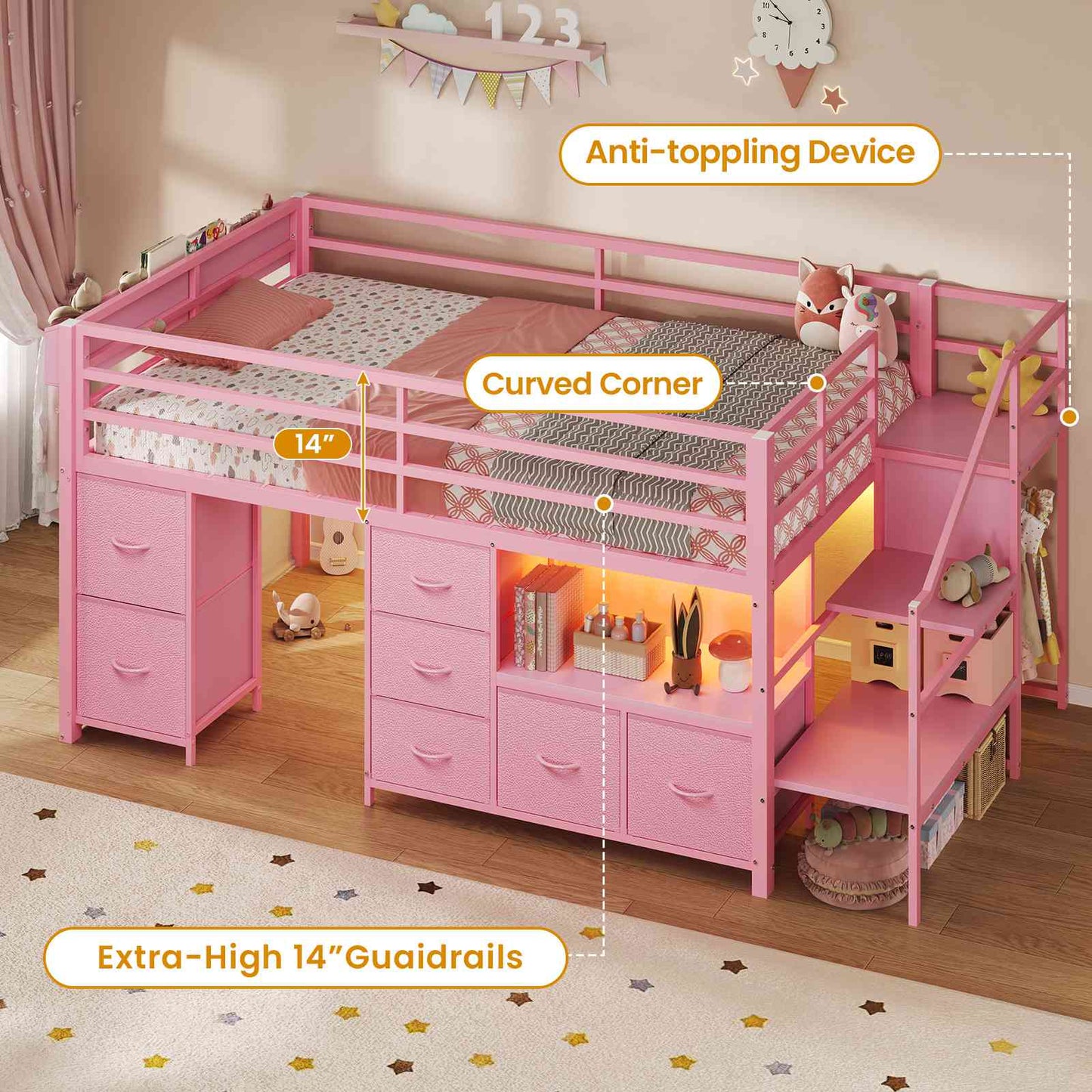 ADORNEVE Loft Bed Twin Size with Stairs and 7 Drawers Bookcase Kids Loft Bed with Under-Bed Play and Space Safety Guardrail Metal LED Loft Bed with Inclined Ladder