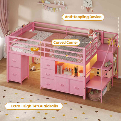 ADORNEVE Loft Bed Twin Size with Stairs and 7 Drawers Bookcase Kids Loft Bed with Under-Bed Play and Space Safety Guardrail Metal LED Loft Bed with Inclined Ladder