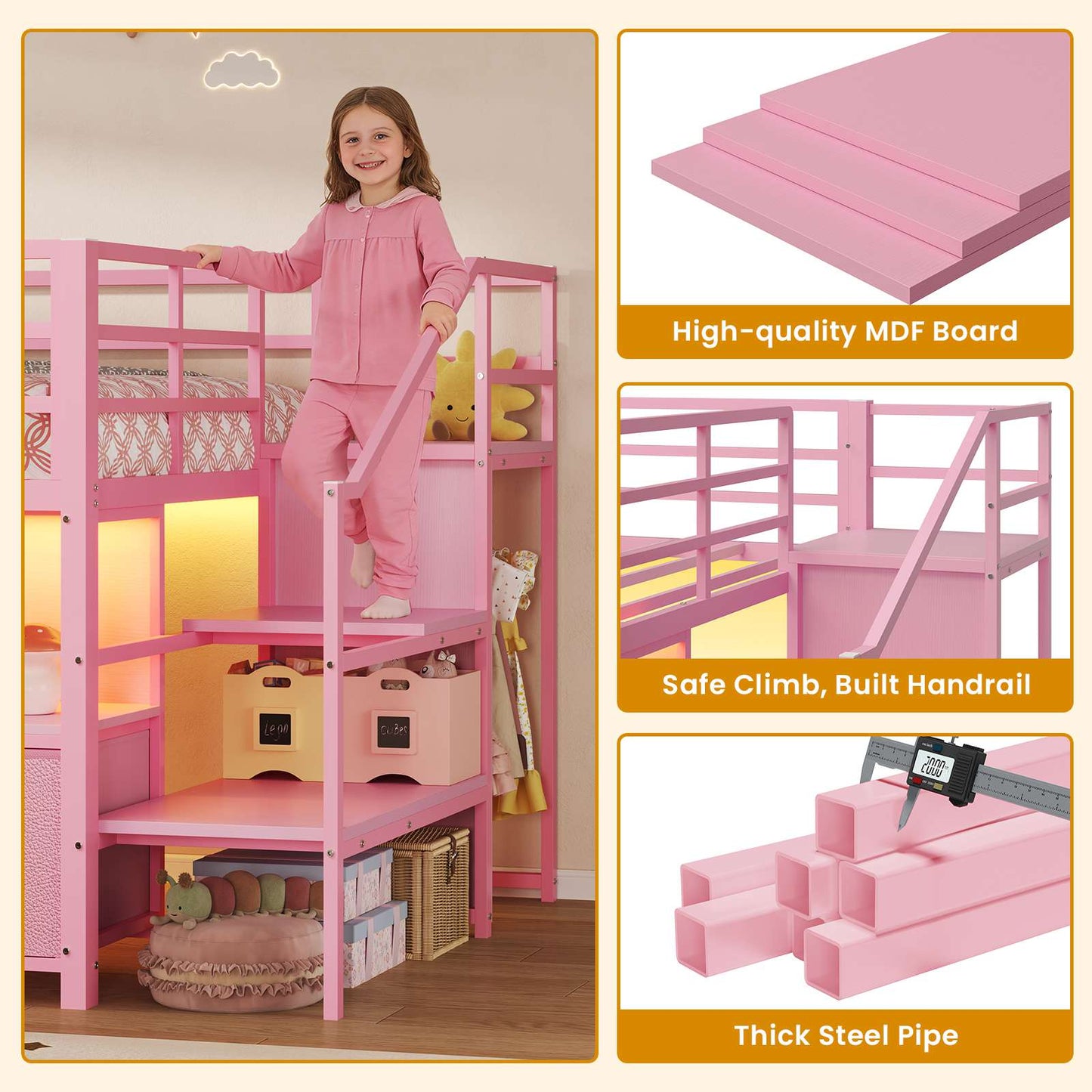 ADORNEVE Loft Bed Twin Size with Stairs and 7 Drawers Bookcase Kids Loft Bed with Under-Bed Play and Space Safety Guardrail Metal LED Loft Bed with Inclined Ladder