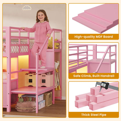 ADORNEVE Loft Bed Twin Size with Stairs and 7 Drawers Bookcase Kids Loft Bed with Under-Bed Play and Space Safety Guardrail Metal LED Loft Bed with Inclined Ladder