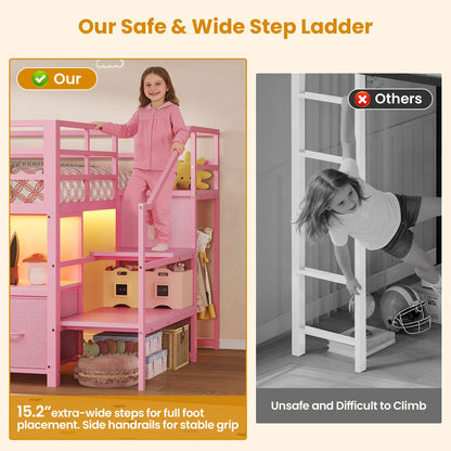 ADORNEVE Loft Bed Twin Size with Stairs and 7 Drawers Bookcase Kids Loft Bed with Under-Bed Play and Space Safety Guardrail Metal LED Loft Bed with Inclined Ladder