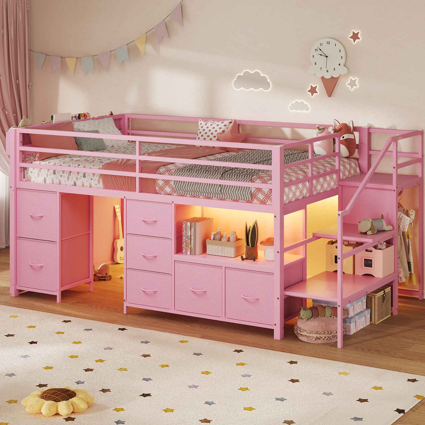 ADORNEVE Loft Bed Twin Size with Stairs and 7 Drawers Bookcase Kids Loft Bed with Under-Bed Play and Space Safety Guardrail Metal LED Loft Bed with Inclined Ladder
