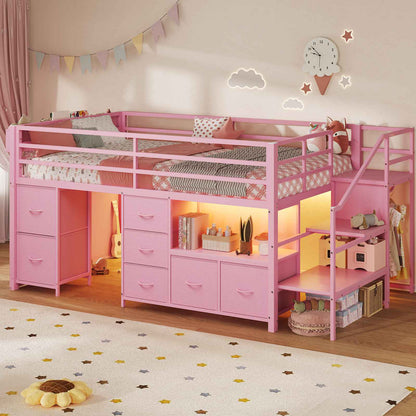 ADORNEVE Loft Bed Twin Size with Stairs and 7 Drawers Bookcase Kids Loft Bed with Under-Bed Play and Space Safety Guardrail Metal LED Loft Bed with Inclined Ladder