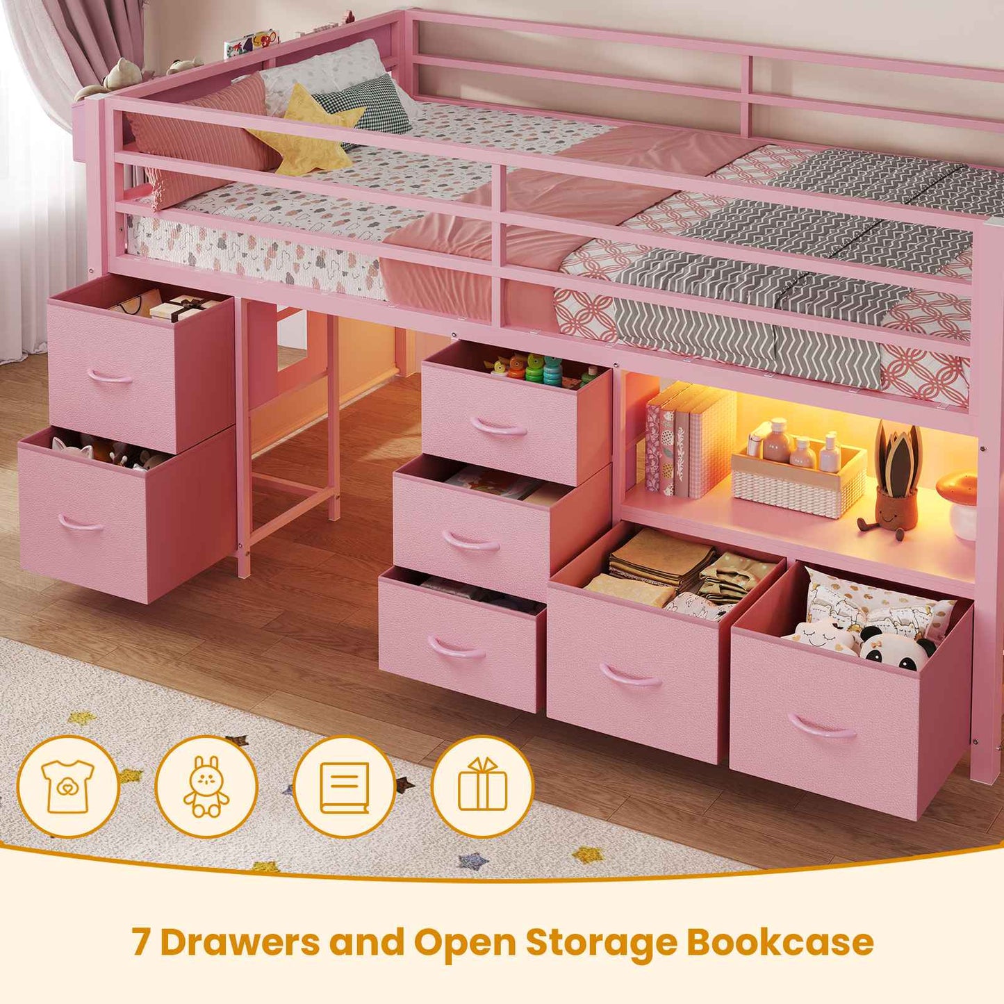 ADORNEVE Loft Bed Twin Size with Stairs and 7 Drawers Bookcase Kids Loft Bed with Under-Bed Play and Space Safety Guardrail Metal LED Loft Bed with Inclined Ladder