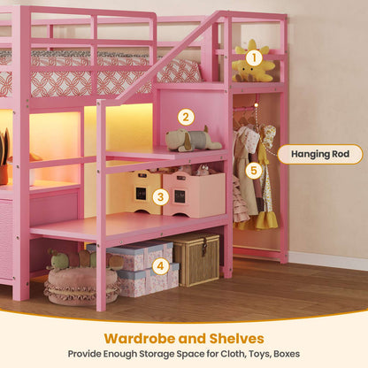 ADORNEVE Loft Bed Twin Size with Stairs and 7 Drawers Bookcase Kids Loft Bed with Under-Bed Play and Space Safety Guardrail Metal LED Loft Bed with Inclined Ladder