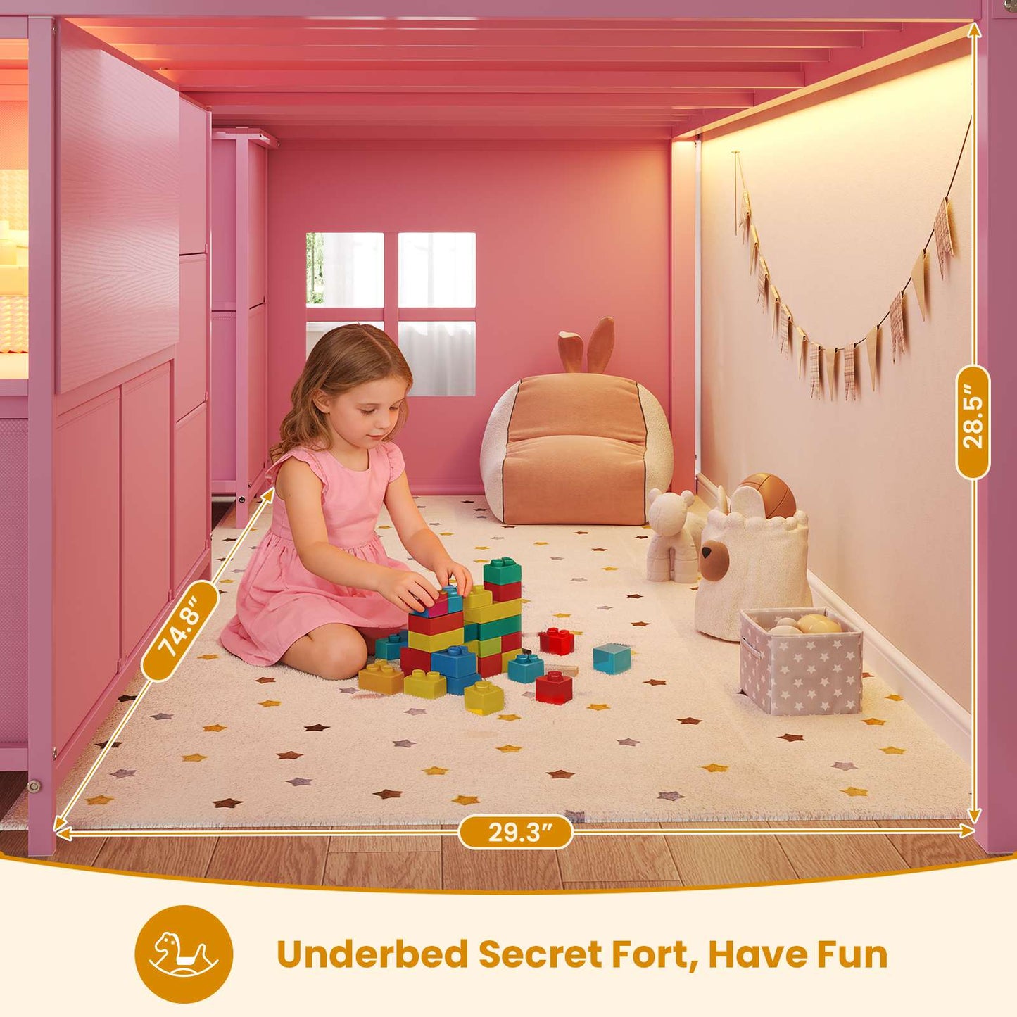 ADORNEVE Loft Bed Twin Size with Stairs and 7 Drawers Bookcase Kids Loft Bed with Under-Bed Play and Space Safety Guardrail Metal LED Loft Bed with Inclined Ladder