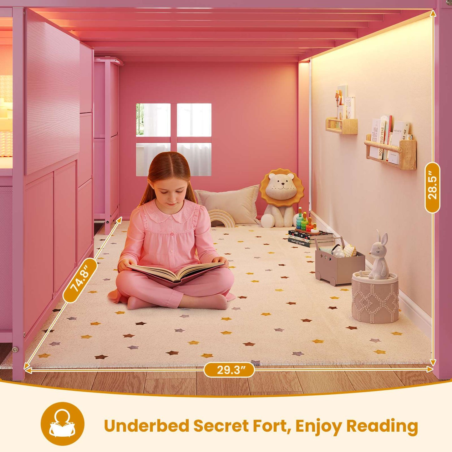 ADORNEVE Loft Bed Twin Size with Stairs and 7 Drawers Bookcase Kids Loft Bed with Under-Bed Play and Space Safety Guardrail Metal LED Loft Bed with Inclined Ladder