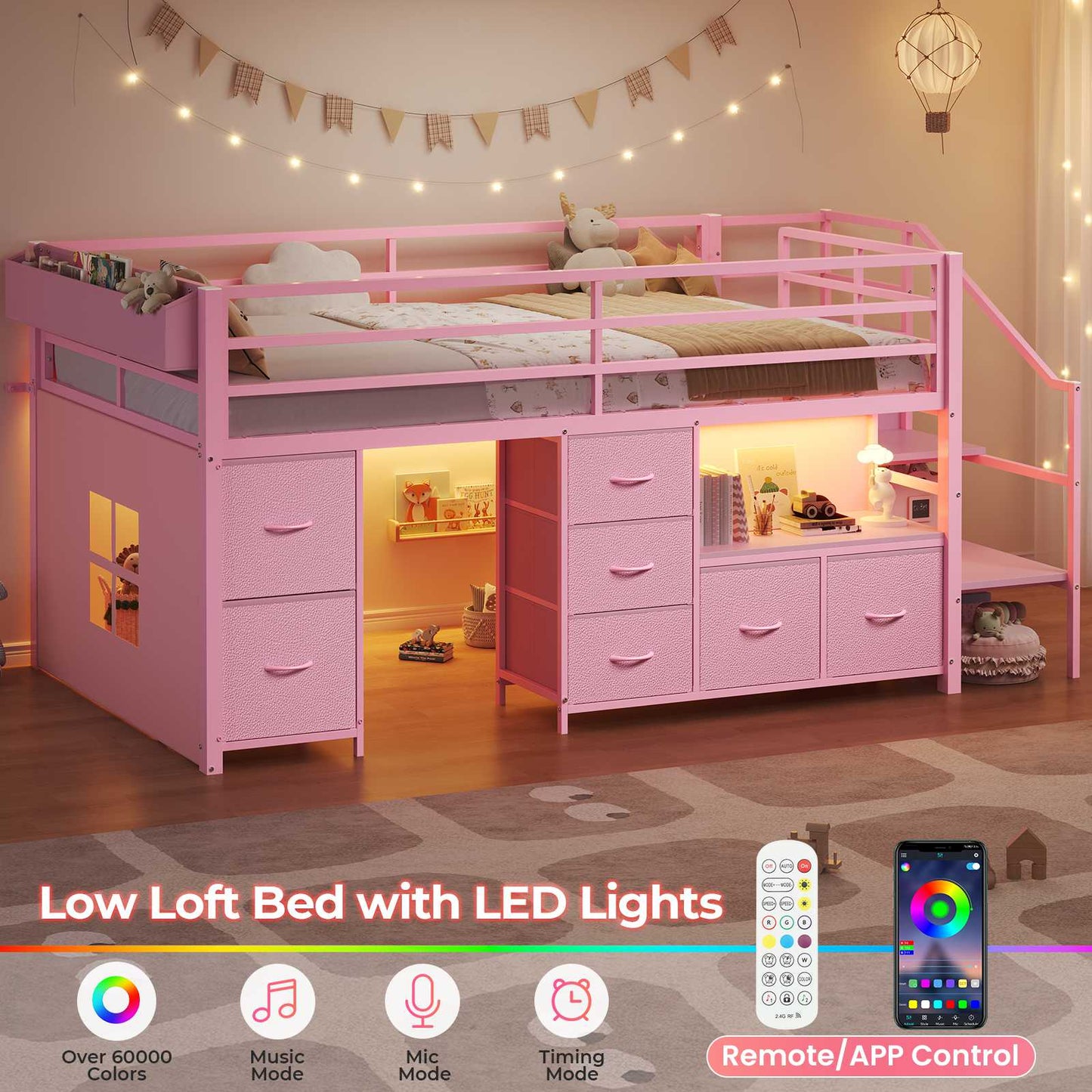 ADORNEVE Loft Bed Twin Size with Stairs and 7 Drawers Bookcase Kids Loft Bed with Under-Bed Play and Space Safety Guardrail Metal LED Loft Bed with Inclined Ladder