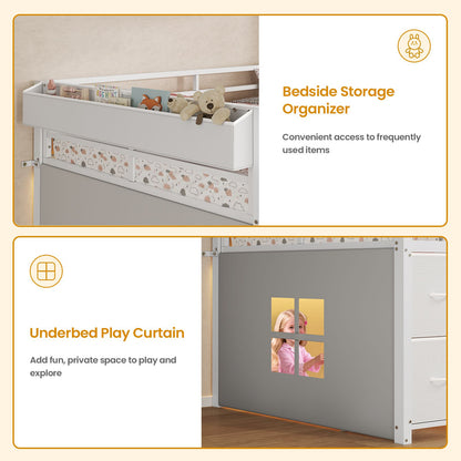 ADORNEVE Loft Bed Twin Size with Stairs and 7 Drawers Bookcase Kids Loft Bed with Under-Bed Play and Space Safety Guardrail Metal LED Loft Bed with Inclined Ladder