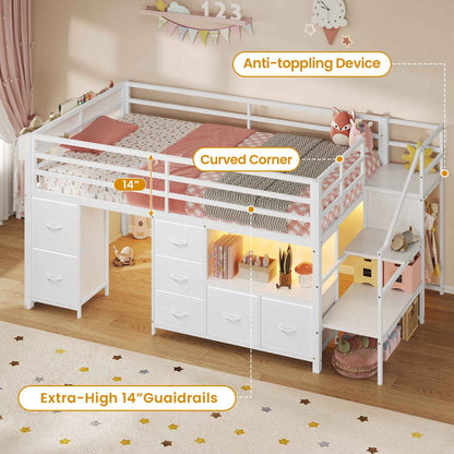 ADORNEVE Loft Bed Twin Size with Stairs and 7 Drawers Bookcase Kids Loft Bed with Under-Bed Play and Space Safety Guardrail Metal LED Loft Bed with Inclined Ladder