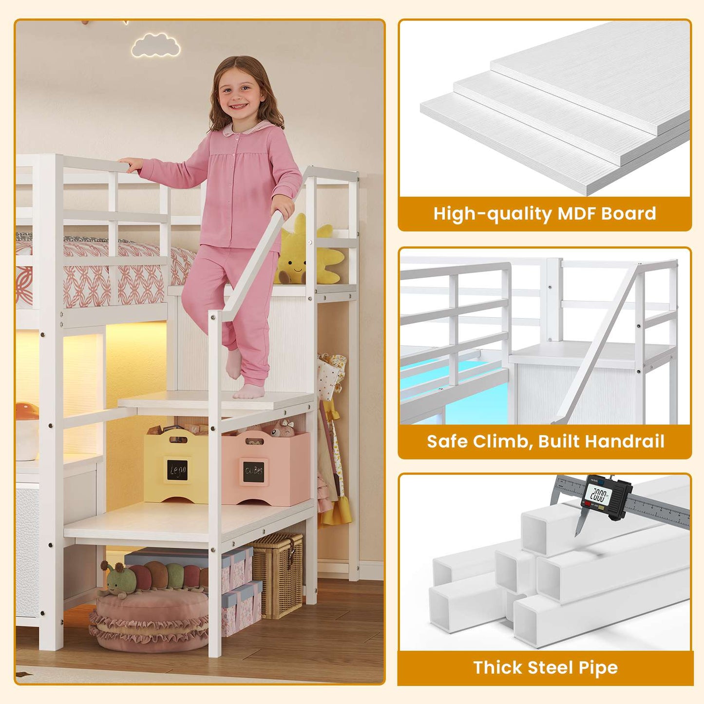 ADORNEVE Loft Bed Twin Size with Stairs and 7 Drawers Bookcase Kids Loft Bed with Under-Bed Play and Space Safety Guardrail Metal LED Loft Bed with Inclined Ladder