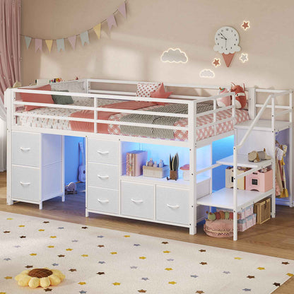 ADORNEVE Loft Bed Twin Size with Stairs and 7 Drawers Bookcase Kids Loft Bed with Under-Bed Play and Space Safety Guardrail Metal LED Loft Bed with Inclined Ladder