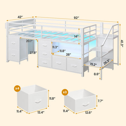 ADORNEVE Loft Bed Twin Size with Stairs and 7 Drawers Bookcase Kids Loft Bed with Under-Bed Play and Space Safety Guardrail Metal LED Loft Bed with Inclined Ladder
