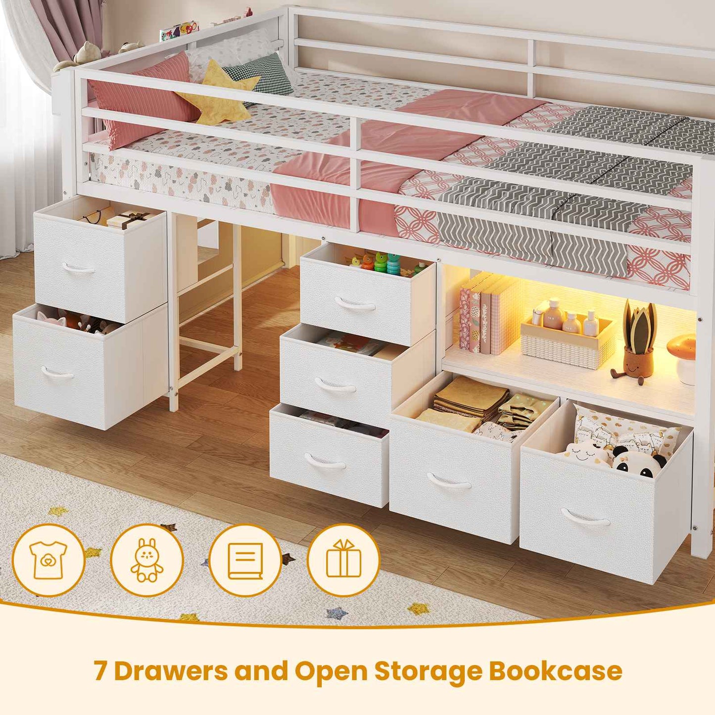 ADORNEVE Loft Bed Twin Size with Stairs and 7 Drawers Bookcase Kids Loft Bed with Under-Bed Play and Space Safety Guardrail Metal LED Loft Bed with Inclined Ladder
