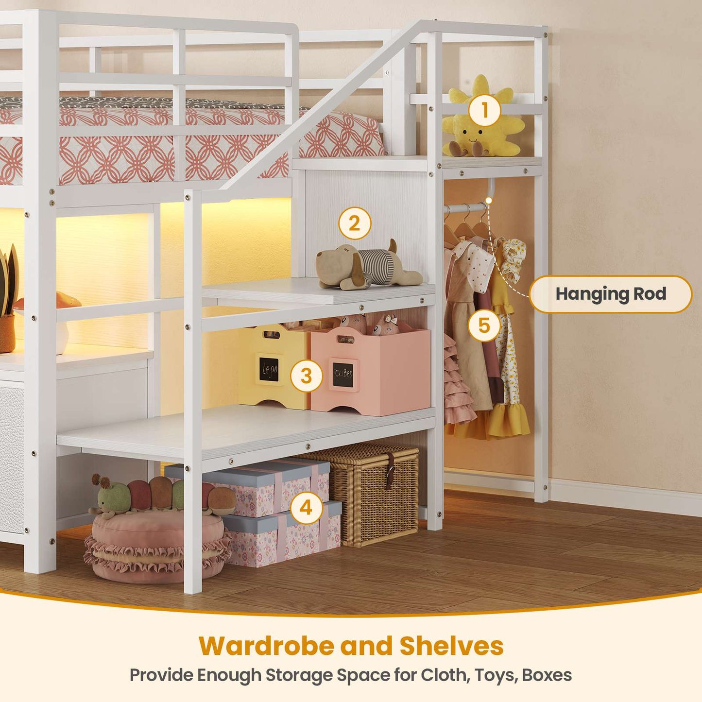 ADORNEVE Loft Bed Twin Size with Stairs and 7 Drawers Bookcase Kids Loft Bed with Under-Bed Play and Space Safety Guardrail Metal LED Loft Bed with Inclined Ladder