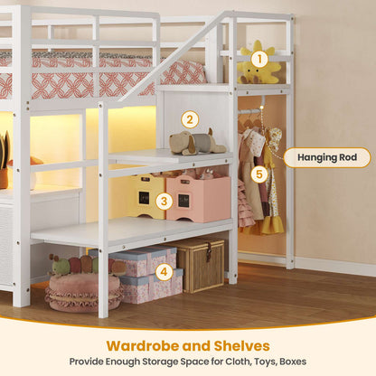ADORNEVE Loft Bed Twin Size with Stairs and 7 Drawers Bookcase Kids Loft Bed with Under-Bed Play and Space Safety Guardrail Metal LED Loft Bed with Inclined Ladder