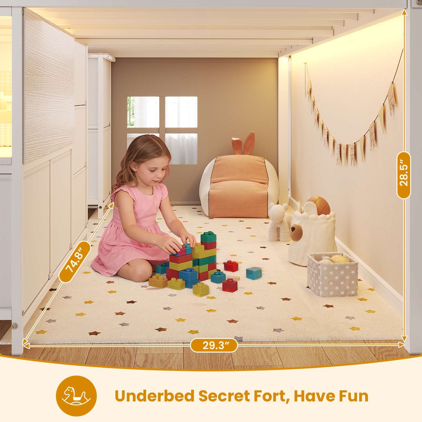 ADORNEVE Loft Bed Twin Size with Stairs and 7 Drawers Bookcase Kids Loft Bed with Under-Bed Play and Space Safety Guardrail Metal LED Loft Bed with Inclined Ladder