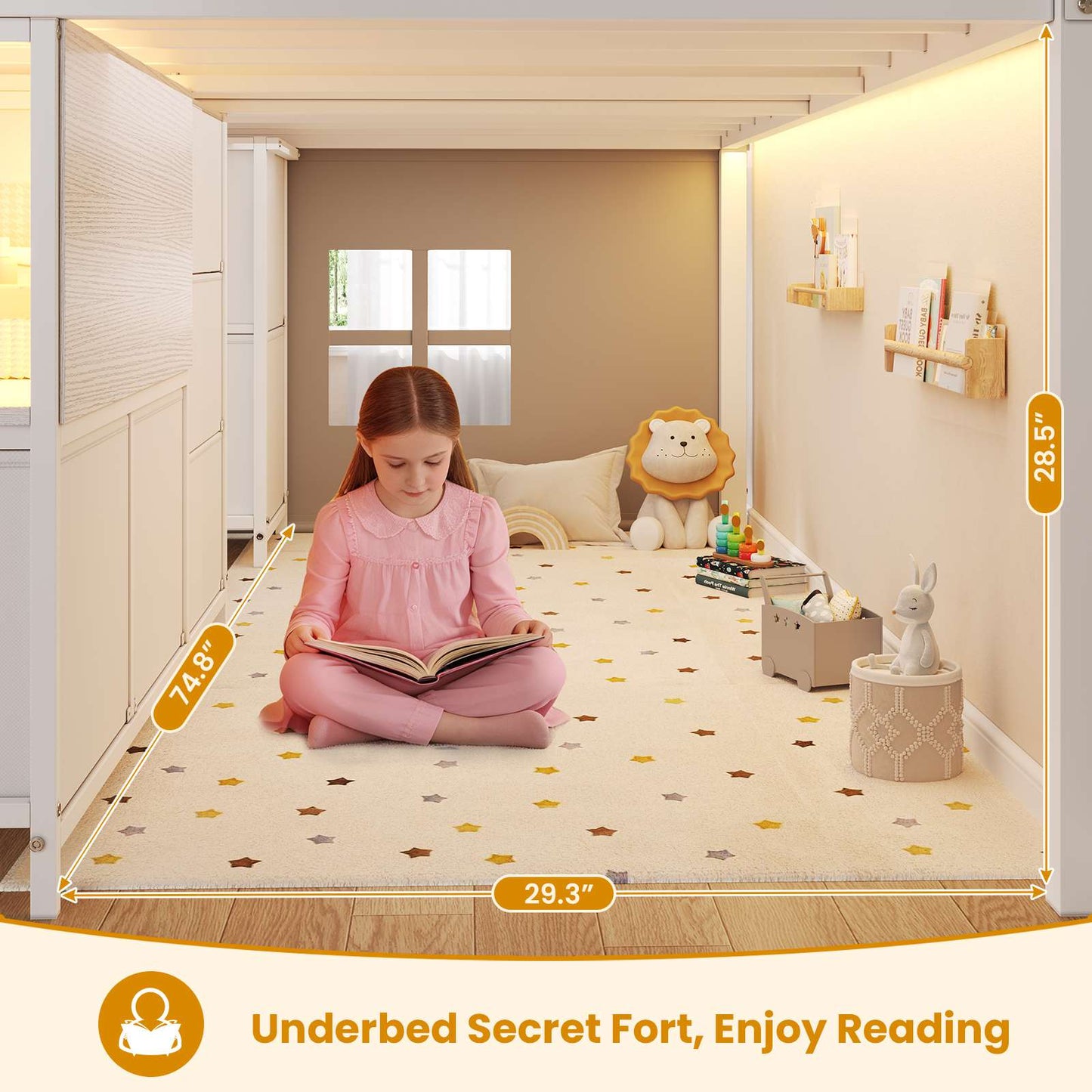 ADORNEVE Loft Bed Twin Size with Stairs and 7 Drawers Bookcase Kids Loft Bed with Under-Bed Play and Space Safety Guardrail Metal LED Loft Bed with Inclined Ladder