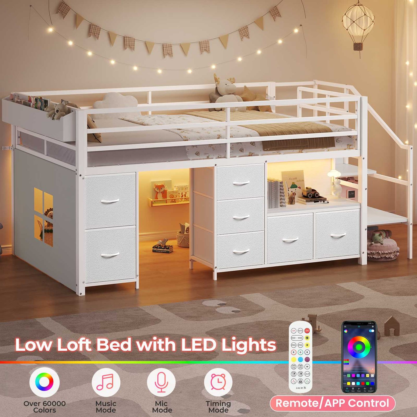 ADORNEVE Loft Bed Twin Size with Stairs and 7 Drawers Bookcase Kids Loft Bed with Under-Bed Play and Space Safety Guardrail Metal LED Loft Bed with Inclined Ladder