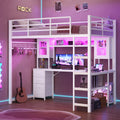 ADORNEVE Gaming Loft Bed Twin Size with Desk and Hutch Storage Drawers Metal Loft Bed with Power Outlet and RGB Lights Guardrail Ladder