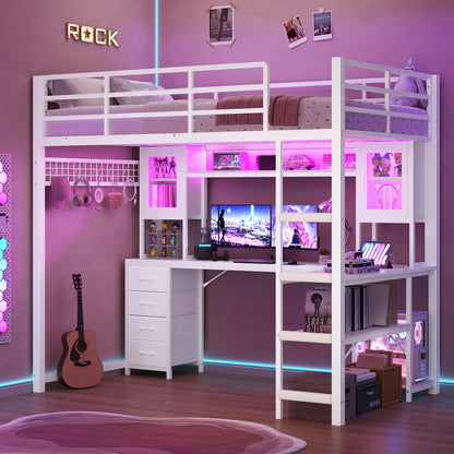 ADORNEVE Gaming Loft Bed Twin Size with Desk and Hutch Storage Drawers Metal Loft Bed with Power Outlet and RGB Lights Guardrail Ladder
