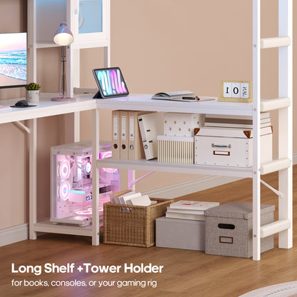 ADORNEVE Gaming Loft Bed Twin Size with Desk and Hutch Storage Drawers Metal Loft Bed with Power Outlet and RGB Lights Guardrail Ladder