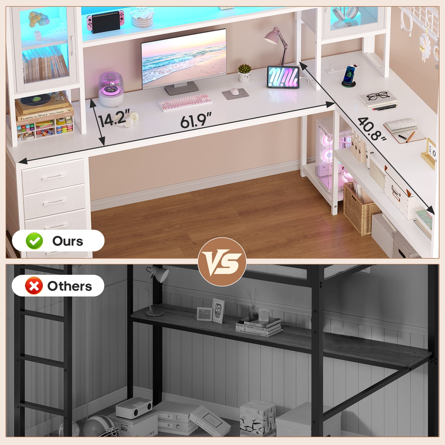 ADORNEVE Gaming Loft Bed Twin Size with Desk and Hutch Storage Drawers Metal Loft Bed with Power Outlet and RGB Lights Guardrail Ladder