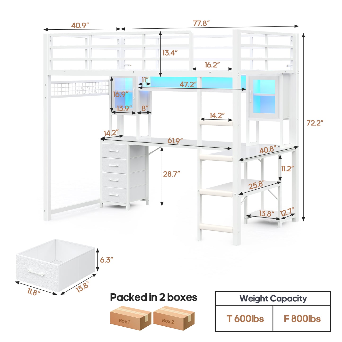 ADORNEVE Gaming Loft Bed Twin Size with Desk and Hutch Storage Drawers Metal Loft Bed with Power Outlet and RGB Lights Guardrail Ladder