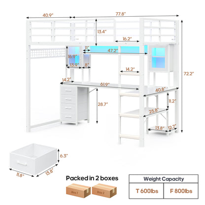 ADORNEVE Gaming Loft Bed Twin Size with Desk and Hutch Storage Drawers Metal Loft Bed with Power Outlet and RGB Lights Guardrail Ladder