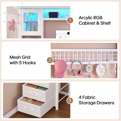 ADORNEVE Gaming Loft Bed Twin Size with Desk and Hutch Storage Drawers Metal Loft Bed with Power Outlet and RGB Lights Guardrail Ladder